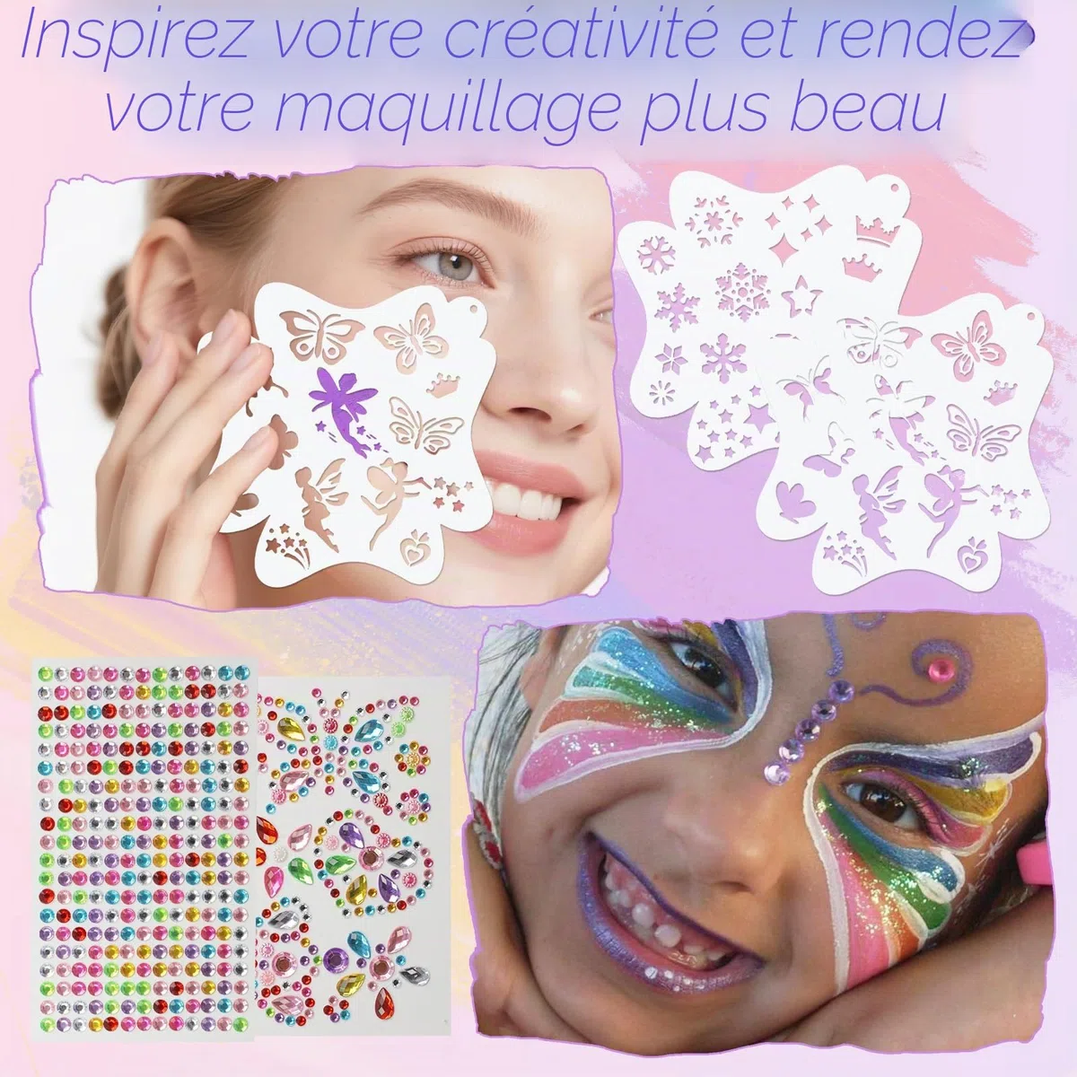 Realjoy Palette Maquillage Enfant, 42 Couleurs Peinture Visage Enfant avec 2 Pinceaux, 2 Pochoirs, 2 Autocollant, Peinture Corporelle pour Halloween, Noël, Carnaval, Sûr, Non Toxique et Lavable