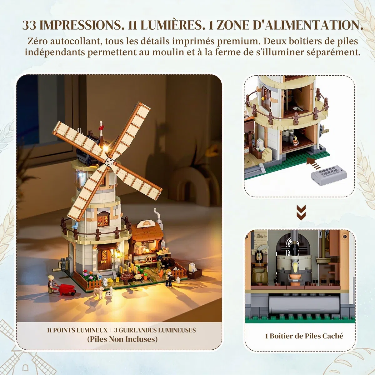 Lumibricks Farm Life Moulin Hollandais Modulaire avec Éclairage LED
