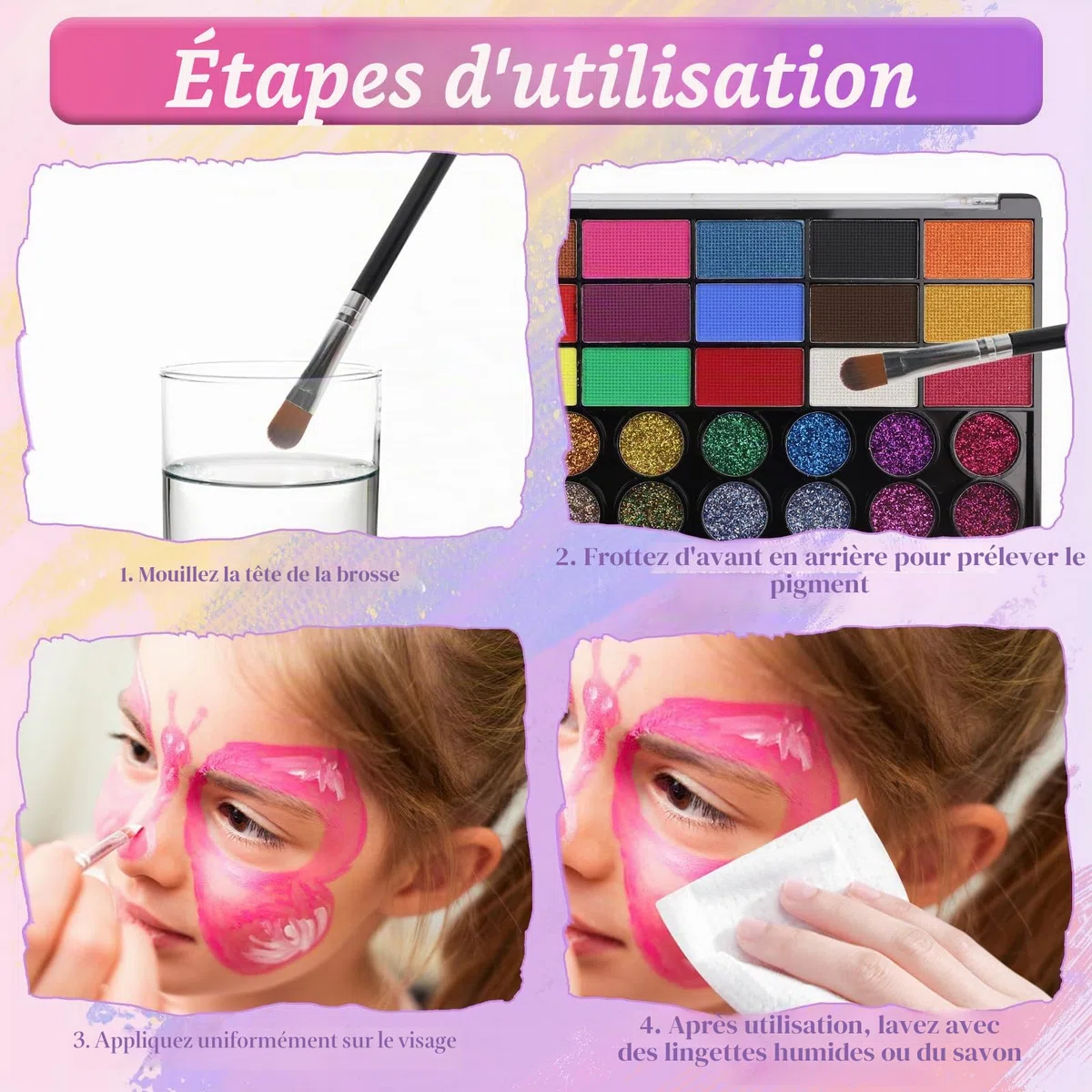 Realjoy Palette Maquillage Enfant, 42 Couleurs Peinture Visage Enfant avec 2 Pinceaux, 2 Pochoirs, 2 Autocollant, Peinture Corporelle pour Halloween, Noël, Carnaval, Sûr, Non Toxique et Lavable