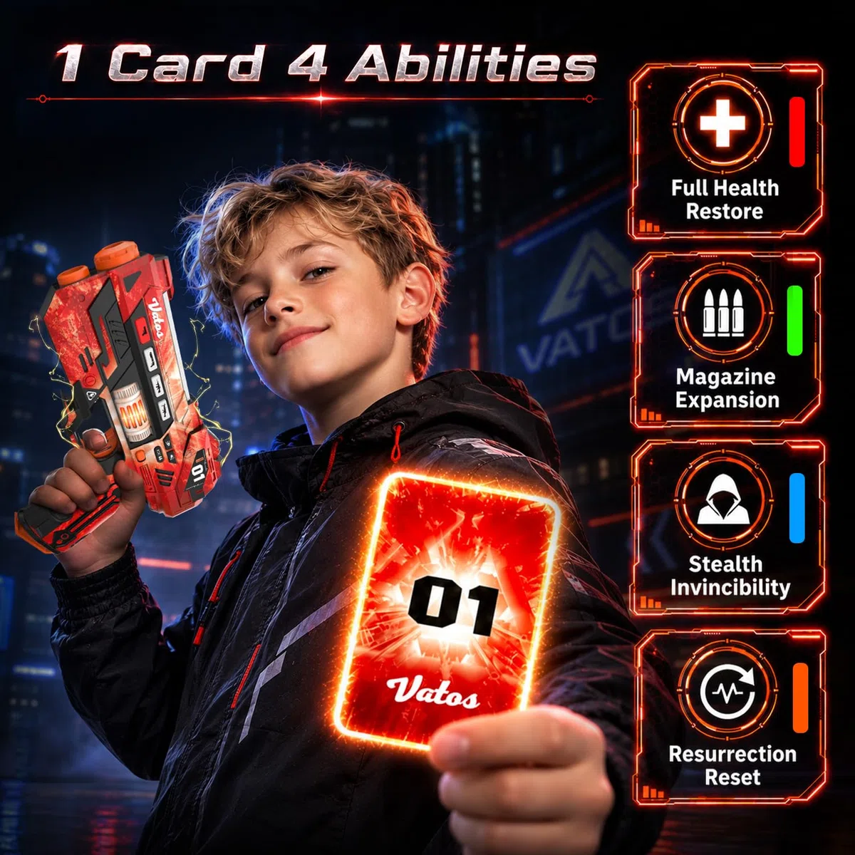 VATOS Set Laser Tag Rechargeable avec Base de Charge et Cartes Énergie, 4 Pistolets Laser avec Écran LCD et Synchronisation 2,4 GHz, Jeu Laser Intérieur/Extérieur pour Enfants, Ados et Famille