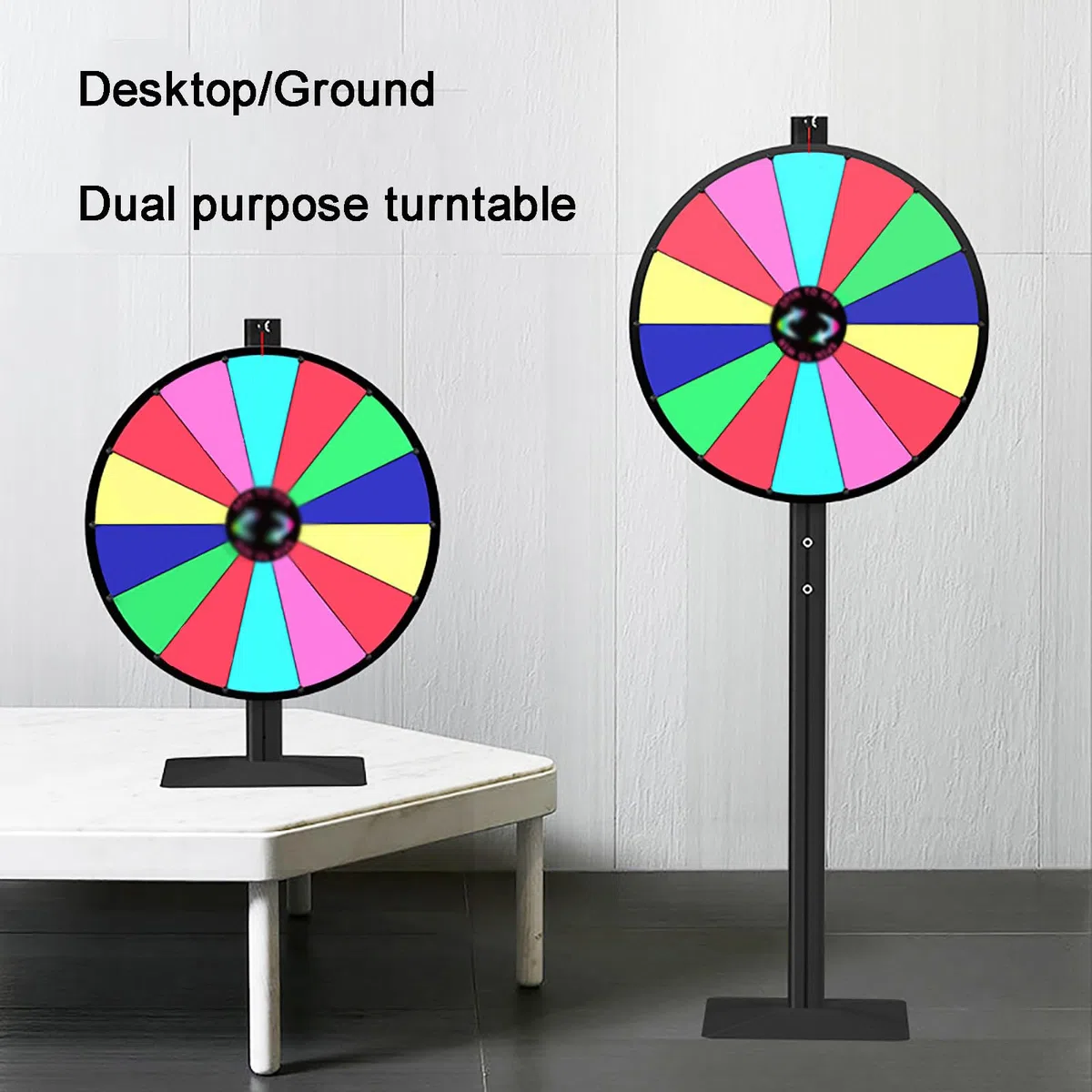 Prize Wheel of Fortune Roue de 61 cm robuste à double usage sur table ou support de sol réglable avec 14 emplacements, effaçable à sec et gomme pour carnaval et salons professionnels