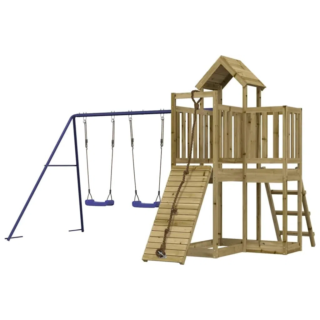 Aire de Jeux en Bois de pin imprégné pour Jardin avec Tour, Mur d'escalade, balançoire Double, cabane, bac à Sable et glissière adaptée Enfants 3 à 8 Ans Loisirs extérieur