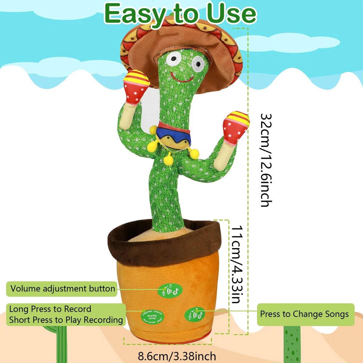 Cactus Qui Danse et Répète,Éclairage,Répète ce Que Tu Dis,Jouet Cactus Éducatif Interactif,120 Chansons, Contrôle du Volume, Cadeaux Amusants pour Les Enfants et Décoration