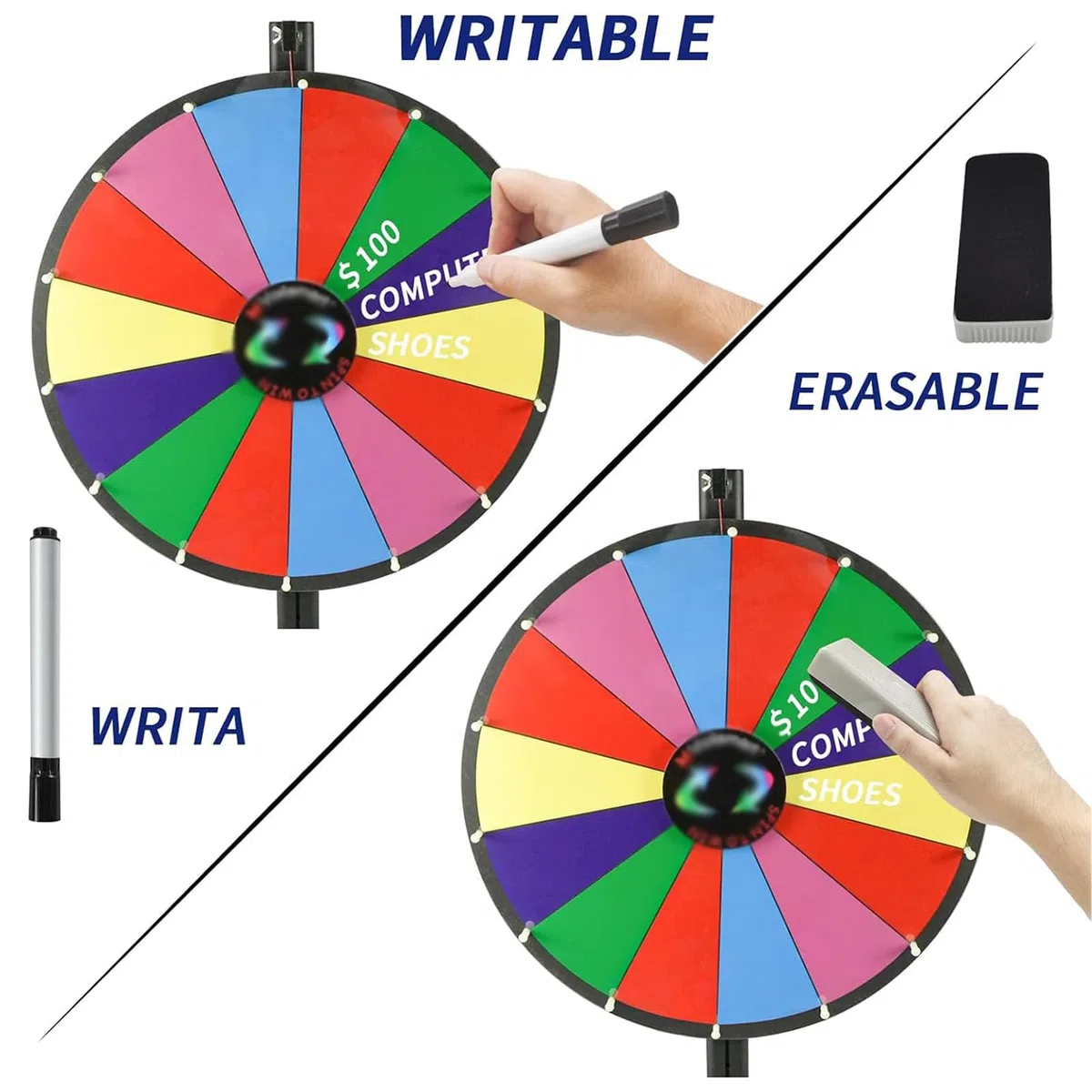Prize Wheel of Fortune Roue de 61 cm robuste à double usage sur table ou support de sol réglable avec 14 emplacements, effaçable à sec et gomme pour carnaval et salons professionnels