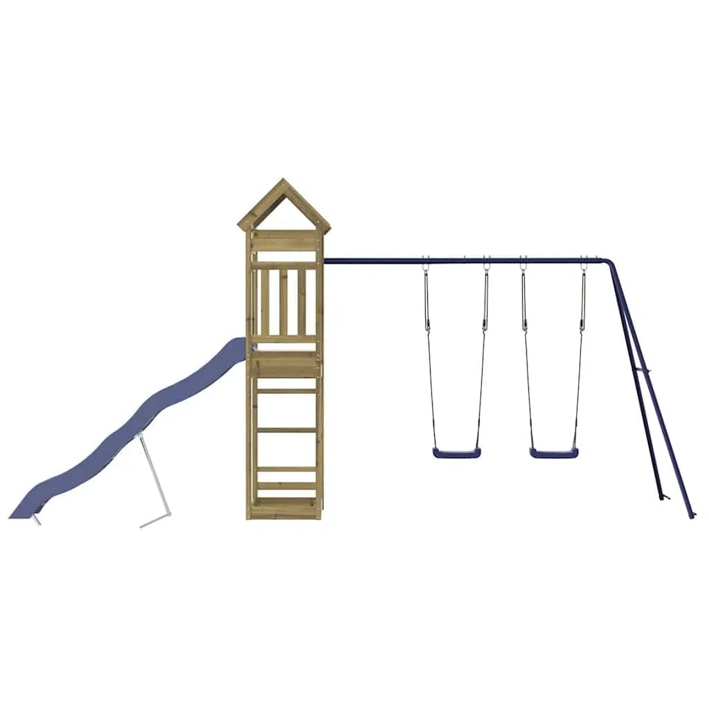 Aire de Jeu d’extérieur en Bois de pin imprégné avec Toboggan balançoire cabane pour Enfants 3-8 Ans Structure de Jardin avec bac à Sable Escalade et Pont