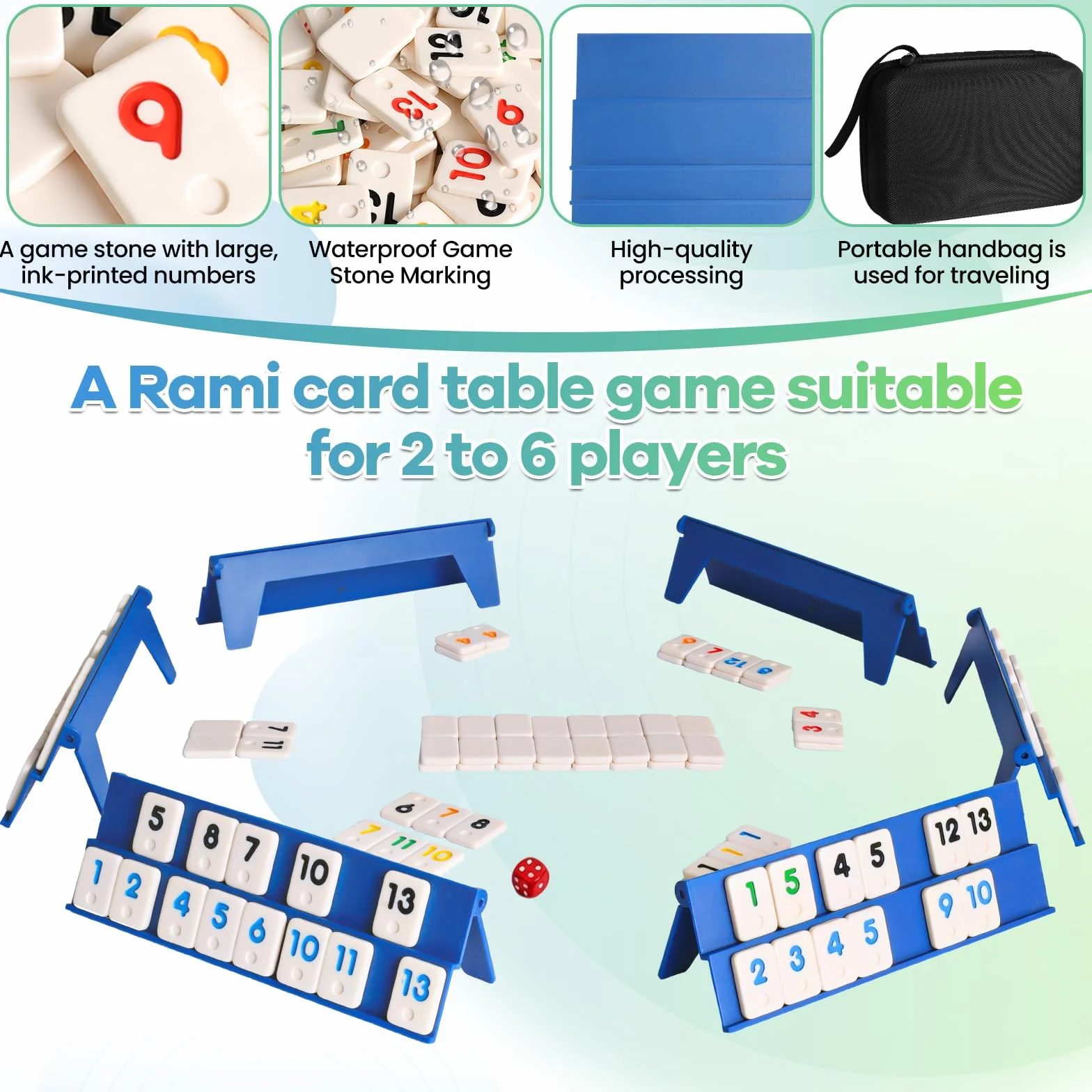 Rummy Cup Original Jeu de société Rummy Cup avec cordon de serrage pour adultes, 160 pierres, jeu de société pour 2 à 6 joueurs, avec 6 supports de jeu, 1 dé