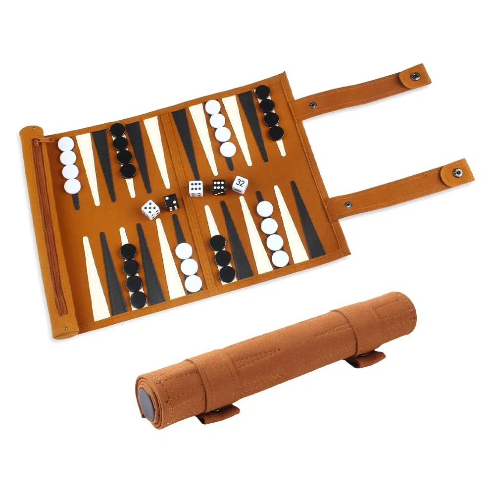 Backgammon, Backgammon Voyage, Back Gammon en Cuir Véritable, Portables Bagamon de Voyage pour Adultes et Enfant, Roulable pour Les Voyages et Les déplacements (25x35cm)