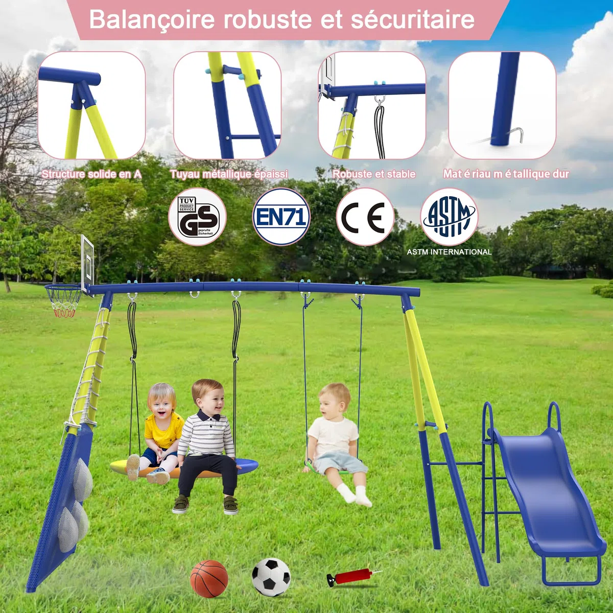 Structure De Jeu pour Enfants 5-en-1 Extérieur Jardin, Balançoire Nid + Balançoire Classique, Toboggan, Panier Basket, Cible Football, Cadre en Acier Robuste pour Plusieurs Enfants À Partir De 3 Ans