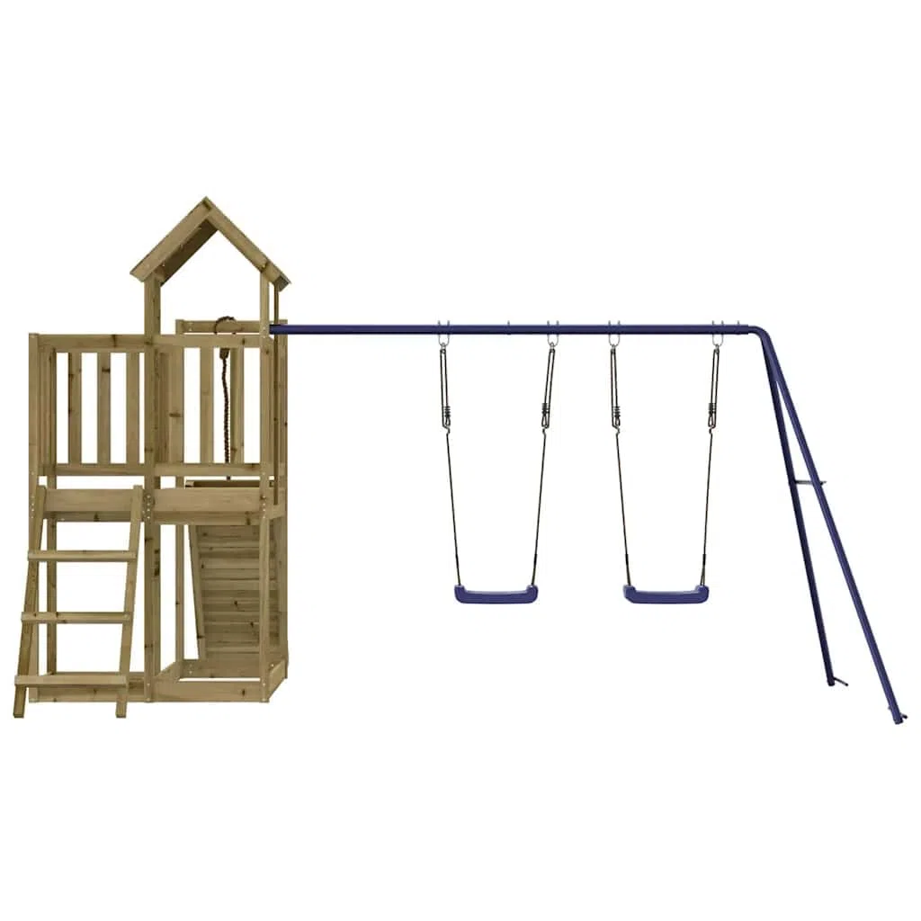 Aire de Jeux en Bois de pin imprégné pour Jardin avec Tour, Mur d'escalade, balançoire Double, cabane, bac à Sable et glissière adaptée Enfants 3 à 8 Ans Loisirs extérieur