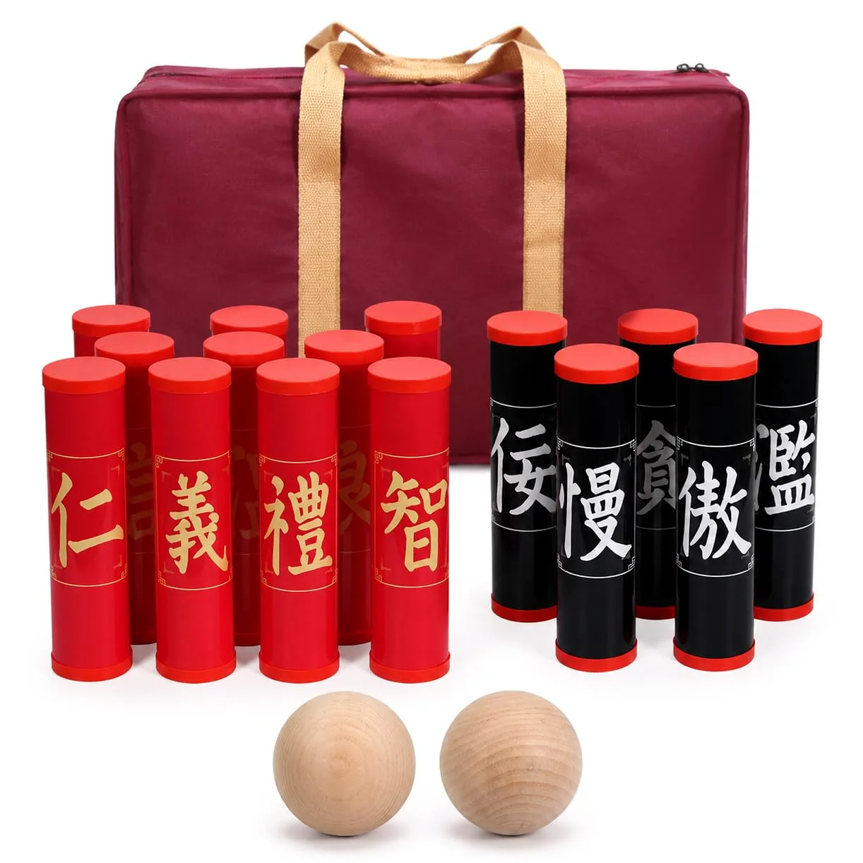 TISHITA Équipement de Jeu Extérieur Jeu d'Équipe Jeu de Plein Air Accessoire Sportif Set Récréatif Portable pour Précision et, 15 Poteaux + 2 Balles en Bois (avec Sac de Rangement)