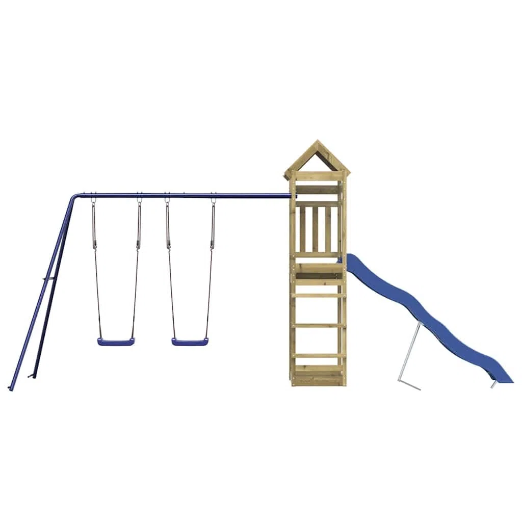 Aire de Jeu d’extérieur en Bois de pin imprégné avec Toboggan balançoire cabane pour Enfants 3-8 Ans Structure de Jardin avec bac à Sable Escalade et Pont
