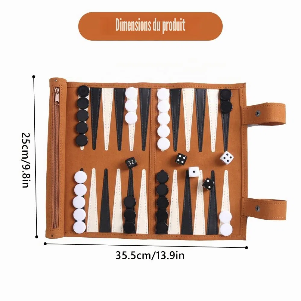 Backgammon, Backgammon Voyage, Back Gammon en Cuir Véritable, Portables Bagamon de Voyage pour Adultes et Enfant, Roulable pour Les Voyages et Les déplacements (25x35cm)