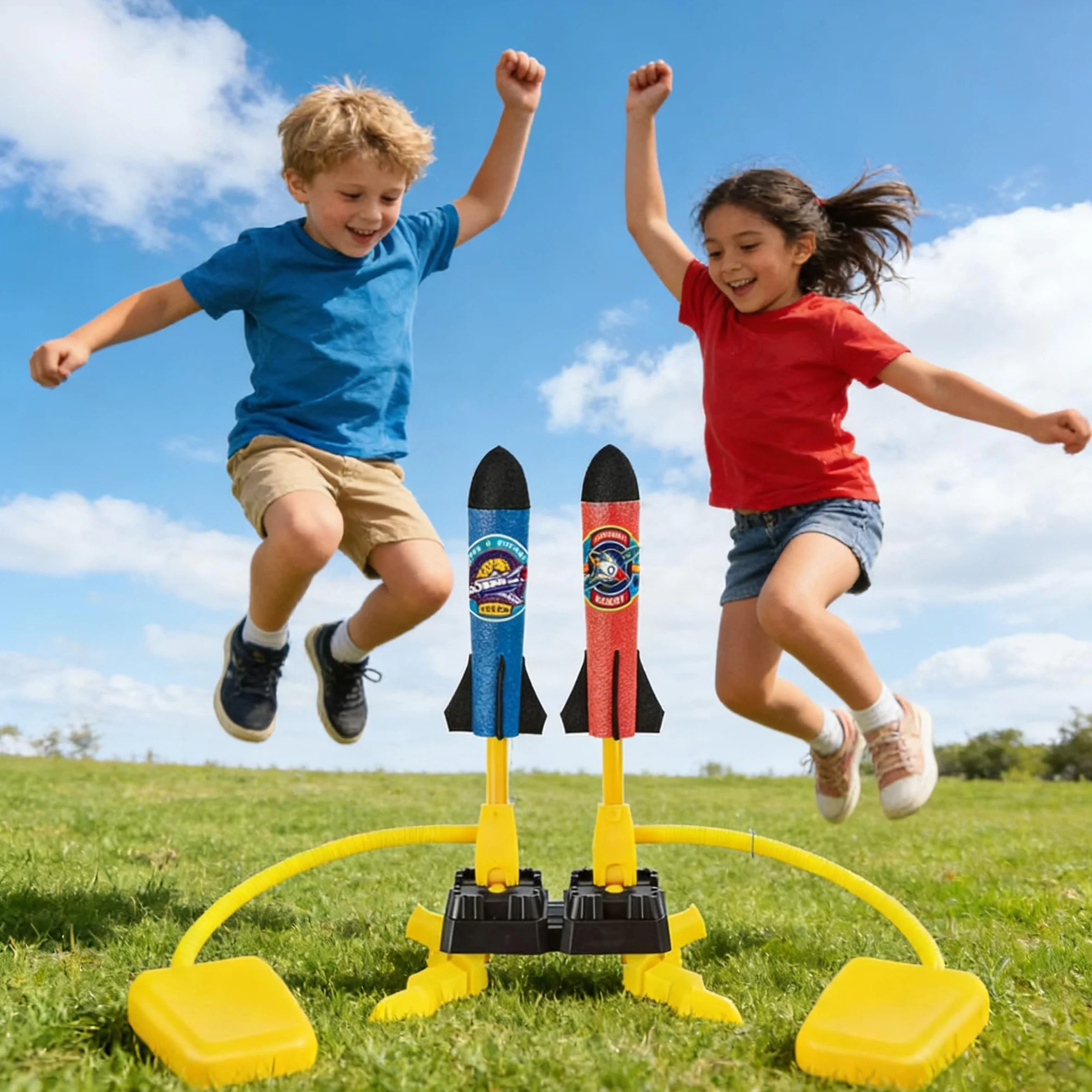 Fusée Plastique Kit, Double Lanceur de Fusée à Pédale pour Jouet Enfant 3 4 5 6 7 8 9 Ans, Garcon 3 Ans Fusée Jouet, Jeux Exterieur Enfant, Cadeau de Anniversaire Noël pour Garçons Filles
