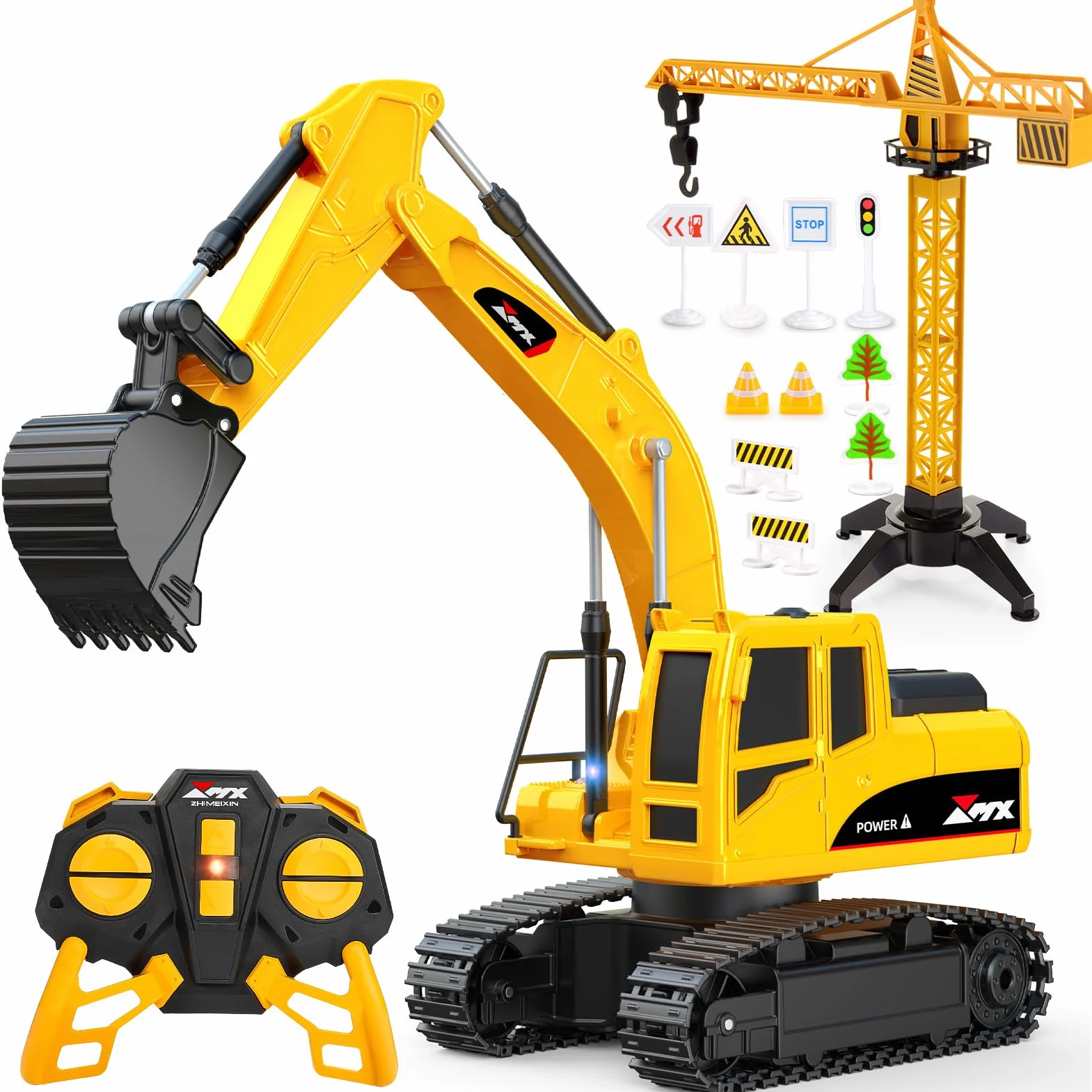 1:24 Pelleteuse Télécommandée pour Enfants 3-9 Ans, Camion Tractopelle Enfant Jouet 2.4GHz avec Grue et Accessoires (Barrières), Exterieur Jouet de Construction, Cadeau d'Anniversaire Noël Enfants